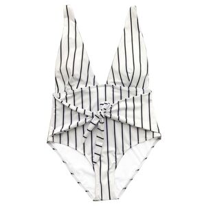 Women's White and Black Stripe One-Piece Swimsuit with Front Tie